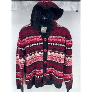 Chrestian Dior Hooded Cardigan Men M Red Black Fair Isle Sherpa Lined Heavy